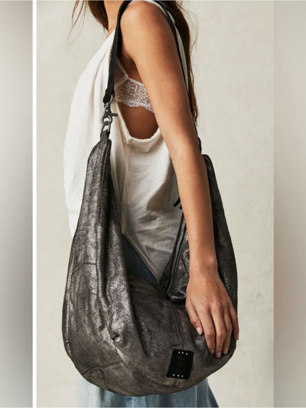 Free People We The Free Black & Silver Leather Sparta Sling Crossbody Bag